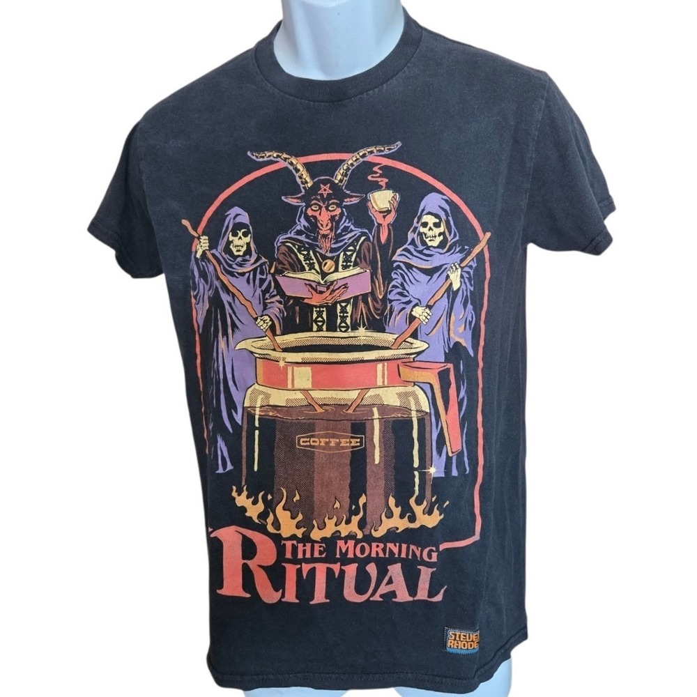 Steven Rhodes Mens Gothic Graphic Tee Size S Morning Ritual Coffee Dark Humor